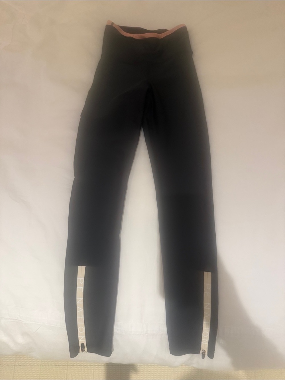 P.E Nation Black Leggings with Pink Waistband and White Logo Stripes